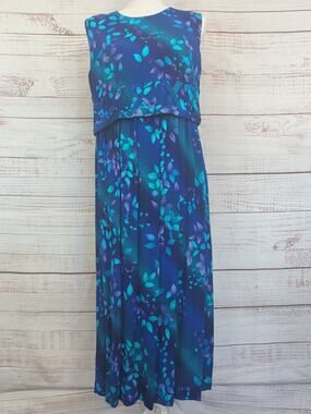Vintage Worthington Dress 10P Blue Teal Floral Crinkle Chiffon Y2K Formal Maxi